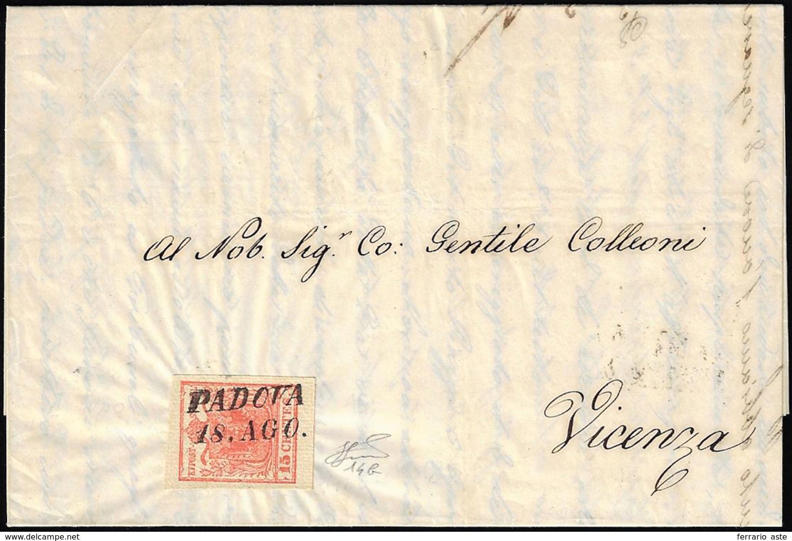 1851 - 15 Cent. Rosso Vermiglio Intenso, Carta A Coste Verticali (14b), Perfetto, Su Lettera Del 18/... - Lombardo-Venetien