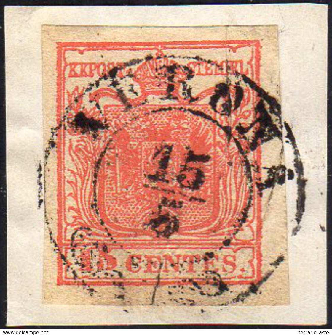 1851 - 15 Cent. Rosso Vermiglio, II Tipo, Carta A Coste Verticali (15), Perfetto, Usato Su Piccolo F... - Lombardy-Venetia