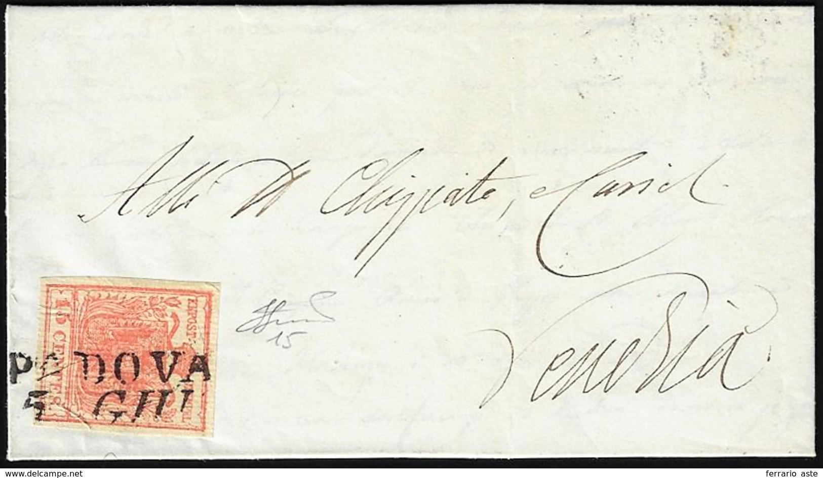 1851 - 15 Cent. Rosso Vermiglio, II Tipo, Carta A Coste Verticali (15), Perfetto, Isolato Su Lettera... - Lombardo-Venetien