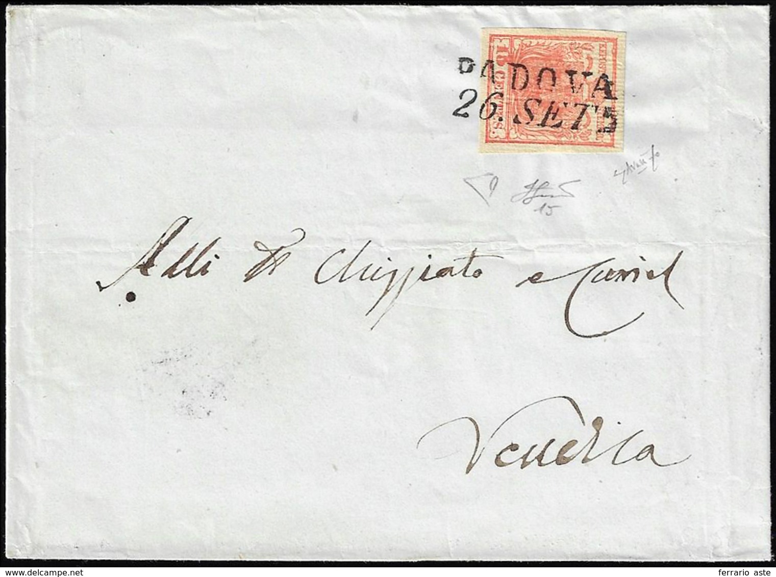 1851 - 15 Cent. Rosso Vermiglio, II Tipo, Carta A Coste Verticali (15), Perfetto, Su Lettera Da Pado... - Lombardy-Venetia