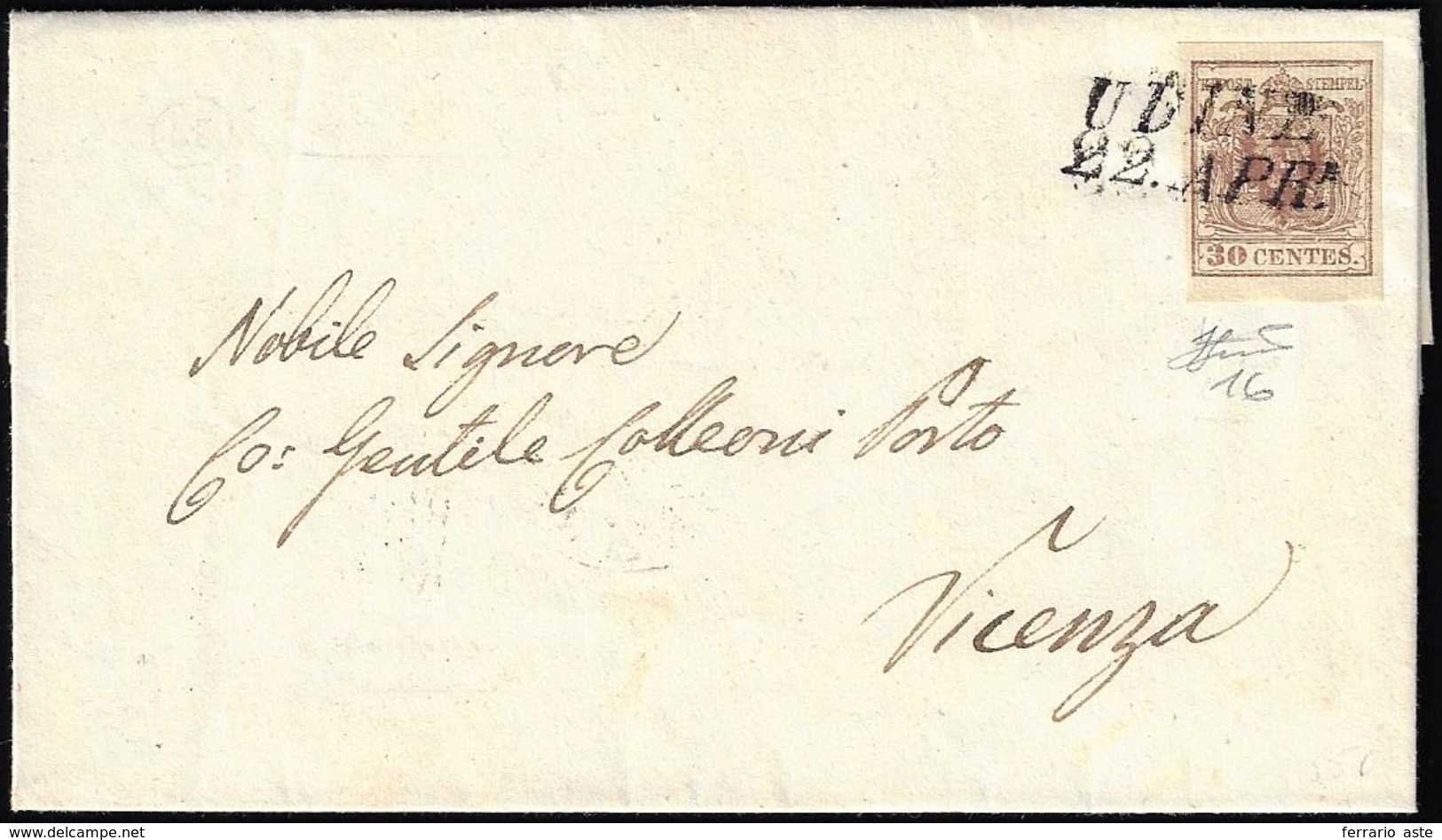 1852 - 30 Cent. Bruno, I Tipo, Carta Verticale (16), Perfetto, Su Lettera Da Udine 22/4/1852 A Vicen... - Lombardo-Venetien