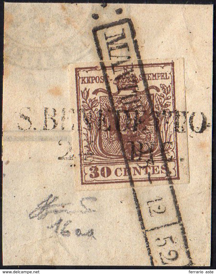 1852 - 30 Cent. Bruno Rossastro, I Tipo, Carta A Coste Verticali (16aa), Perfetto, Usato Su Framment... - Lombardy-Venetia