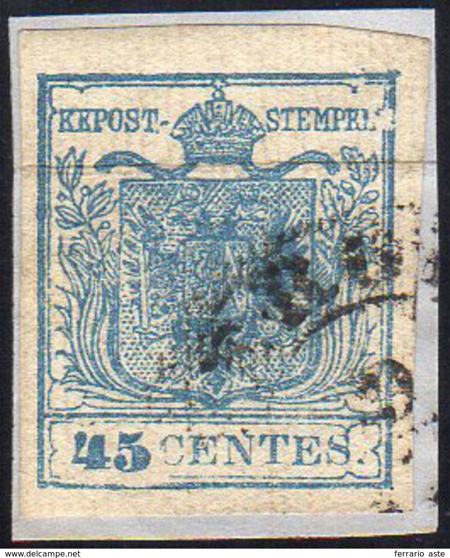 1851 - 45 Cent. Azzurro, I Tipo, Carta A Coste Verticali, Varietà Cifra "45" Con Grande Distanza (17... - Lombardo-Venetien