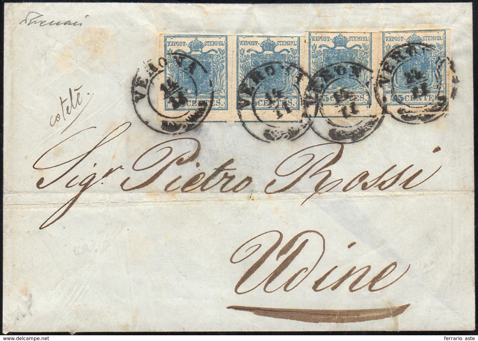 1851 - 45 Cent. Azzurro, Carta A Coste Verticali (17), Quattro Esemplari, Corti In Alto, Su Frontesp... - Lombardo-Venetien