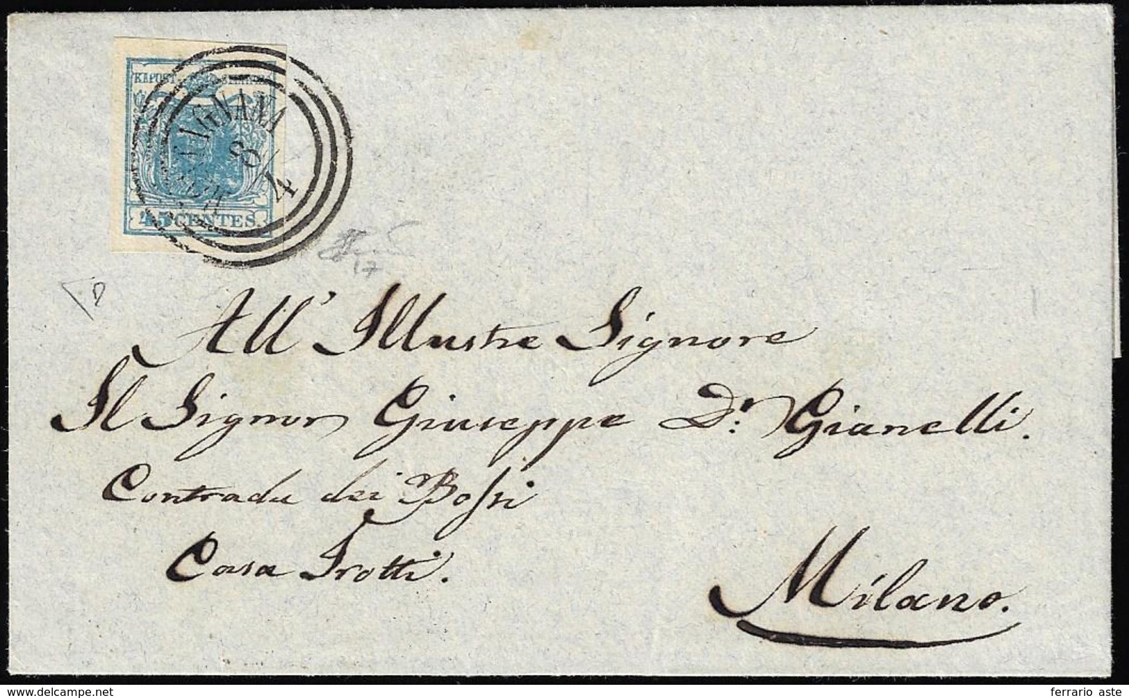 1853 - 45 Cent. Azzurro, Carta A Coste Verticali (17), Perfetto, Su Sovracoperta Di Lettera Da Monta... - Lombardy-Venetia
