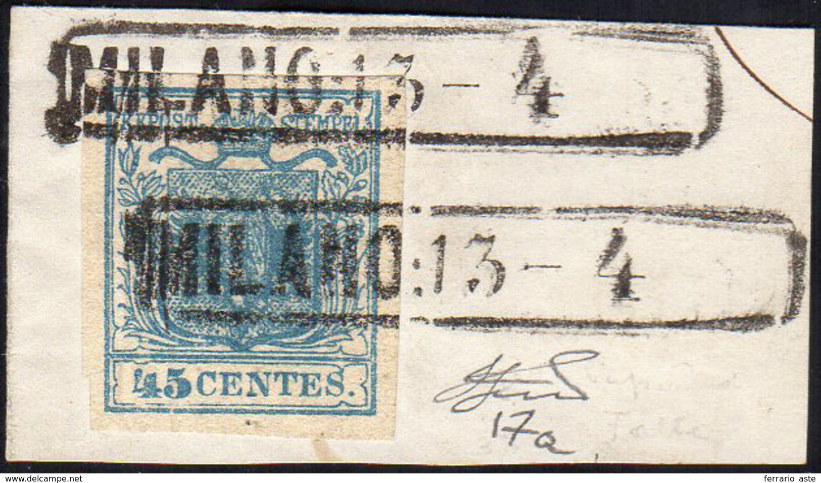 1851 - 45 Cent. Azzurro Scuro, I Tipo, Carta A Coste Verticali (17a), Perfetto, Usato Su Piccolo Fra... - Lombardo-Venetien