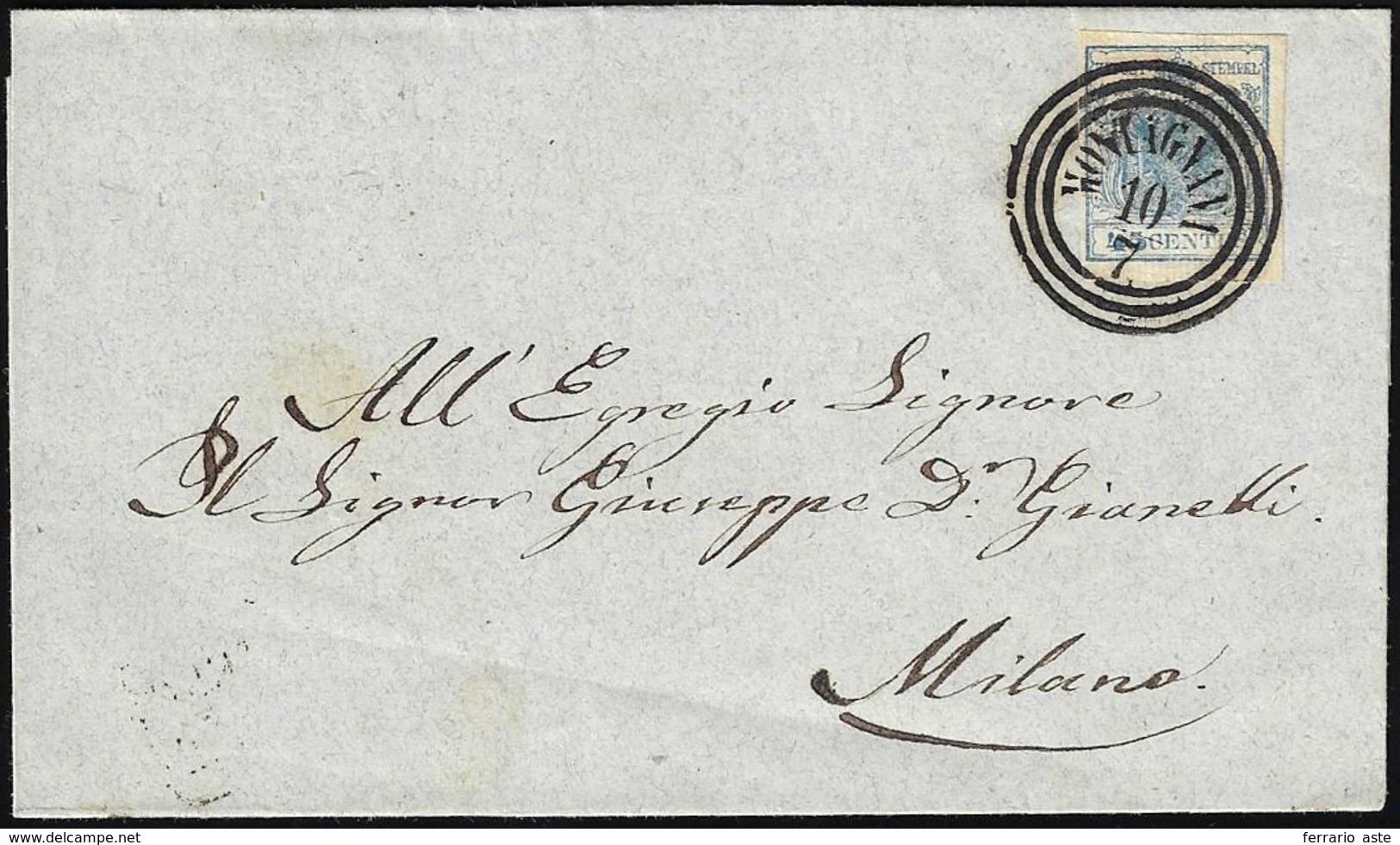 1851 - 45 Cent. Azzurro Ardesia, Carta A Coste Verticali (17b), Perfetto, Su Sovracoperta Di Lettera... - Lombardo-Venetien