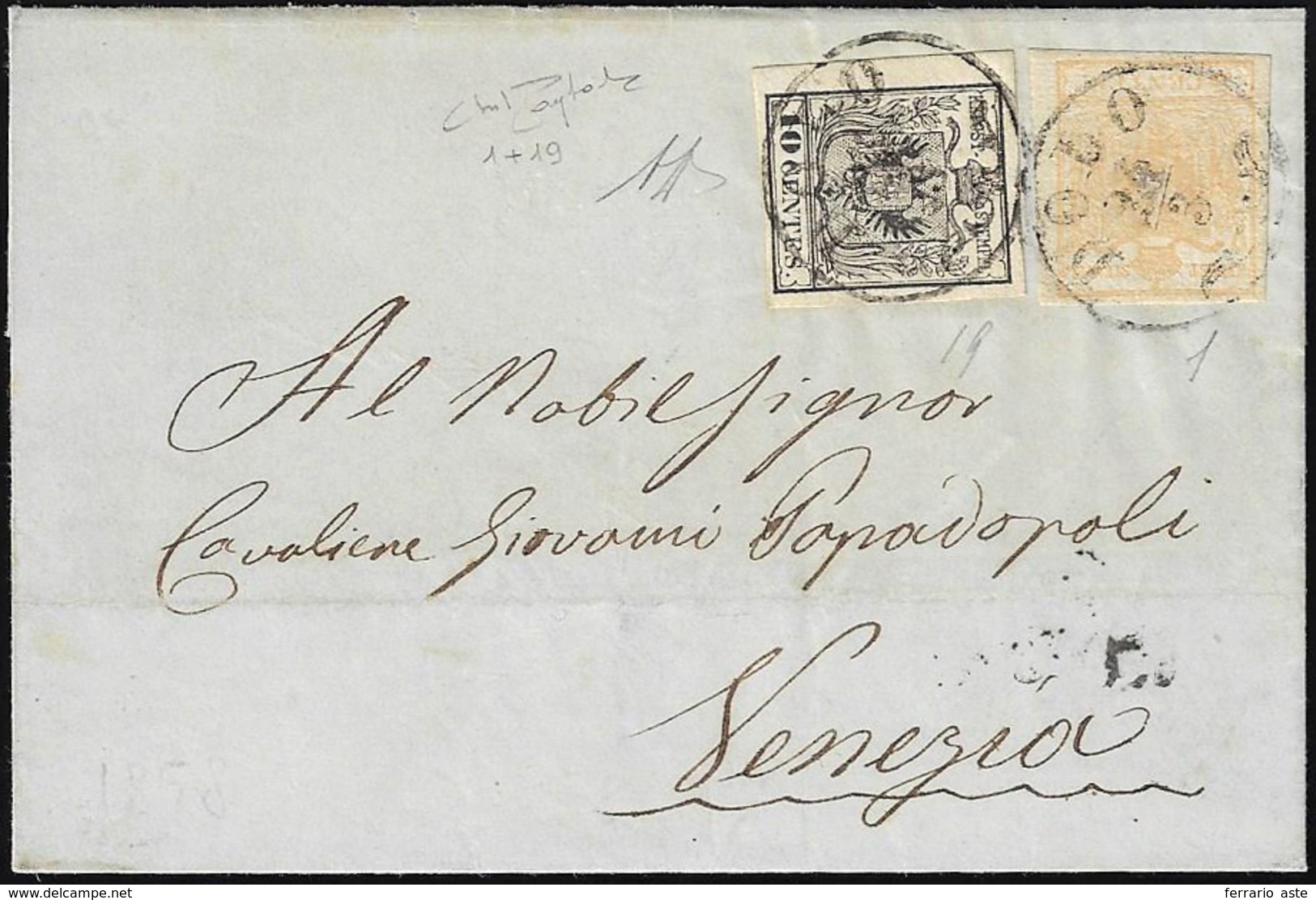 1858 - 10 Cent. Nero, Carta A Macchina, 5 Cent. Giallo Ocra (19,1), Perfetti, Su Sovracoperta Di Let... - Lombardo-Venetien