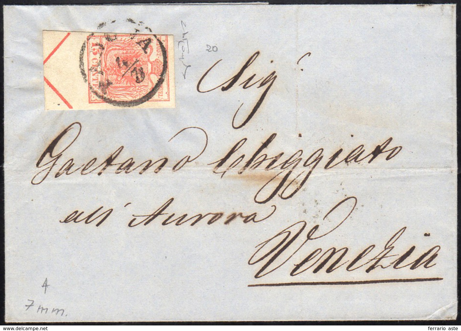 1854 - 15 Cent. Rosso Vermiglio, A Macchina (20), Ampio Principio Di Croce, 7 Mm, Leggermente Toccat... - Lombardo-Venetien