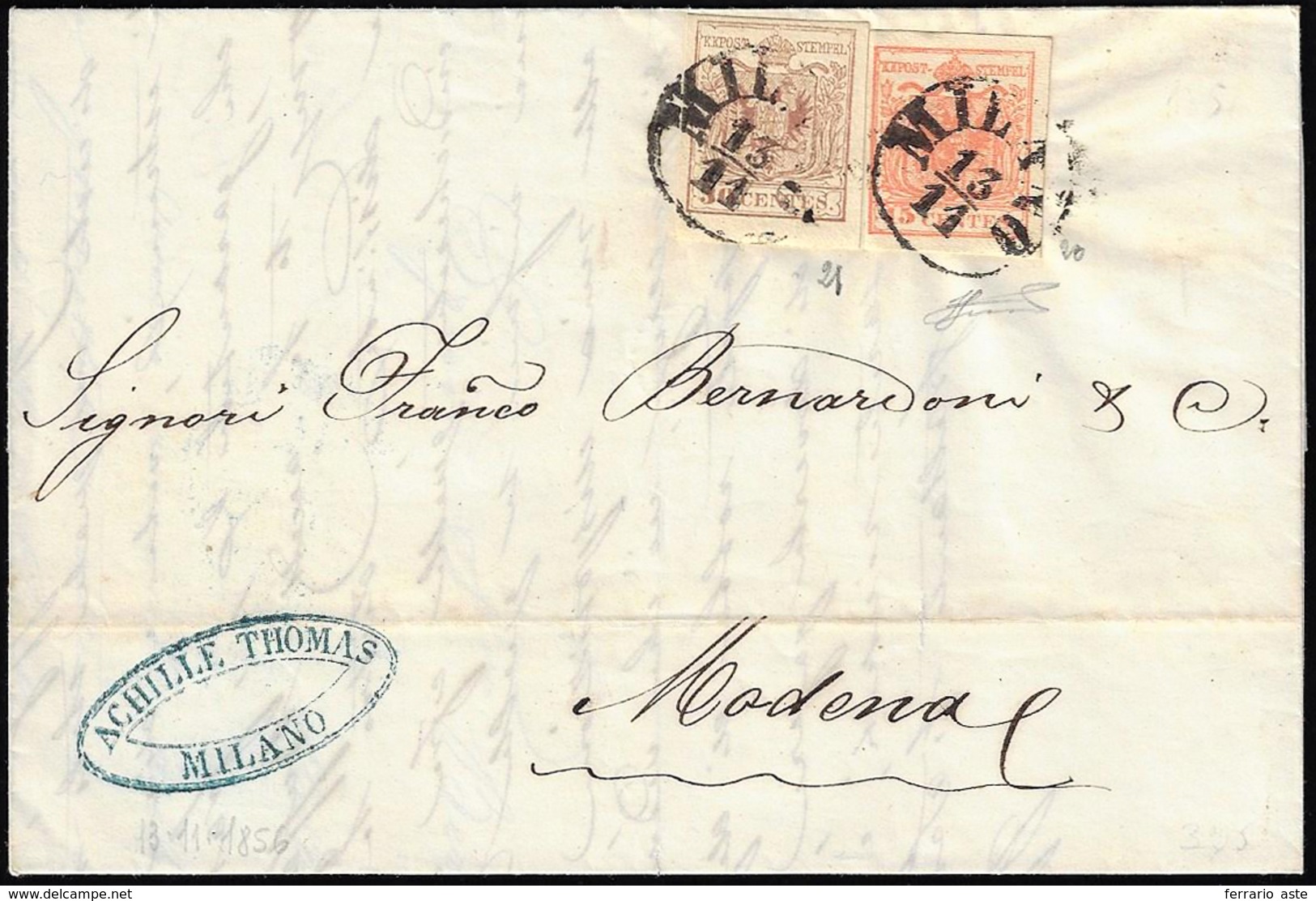 1856 - 15 Cent. Rosso Vermiglio, 30 Cent. Bruno, Entrambi Carta A Macchina (20,21), Perfetti, Su Let... - Lombardo-Venetien