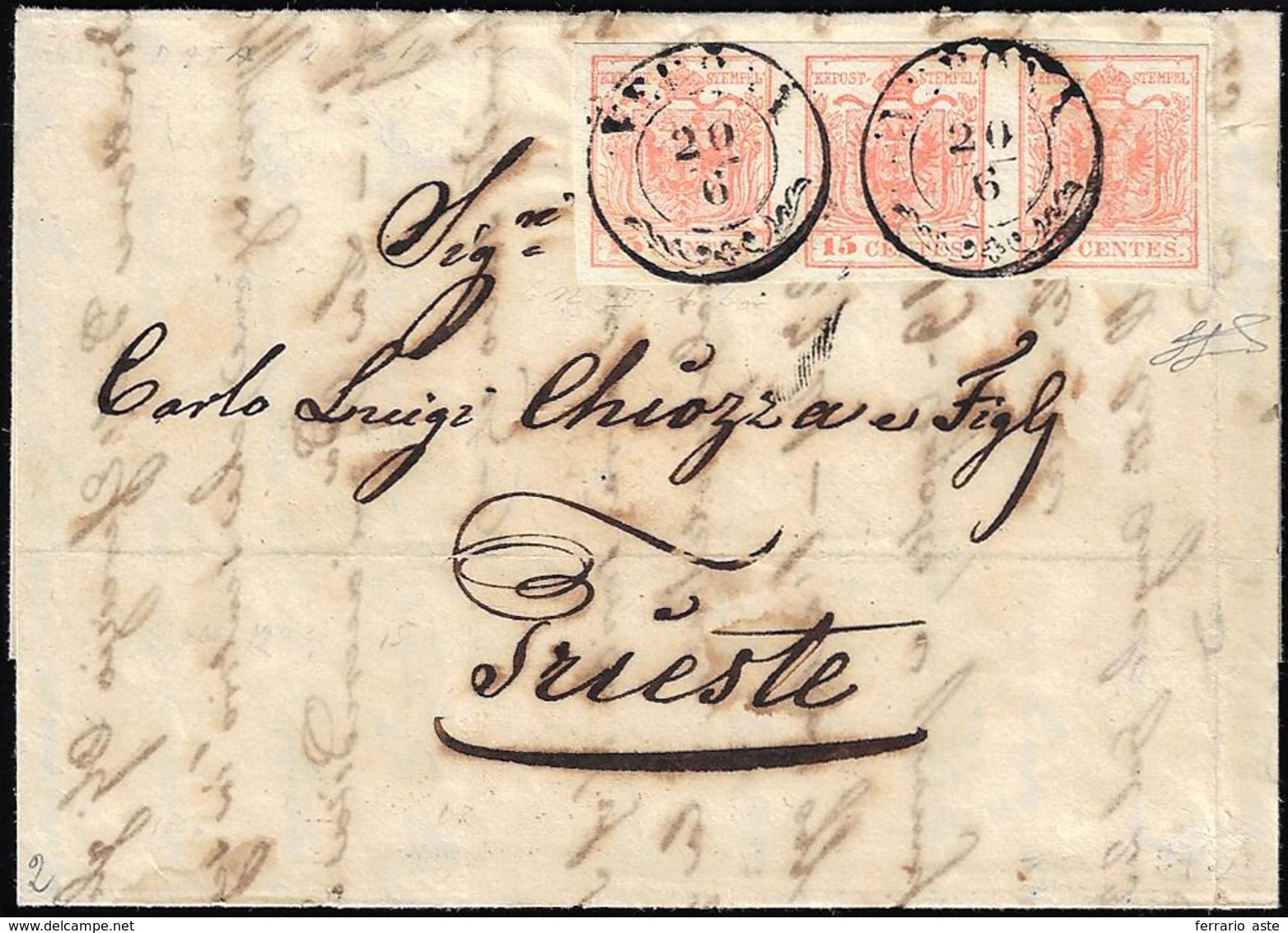 1856 - 15 Cent. Rosso Vermiglio Chiaro, Carta A Macchina (20a), Striscia Di Tre, Perfetta, Su Letter... - Lombardo-Venetien