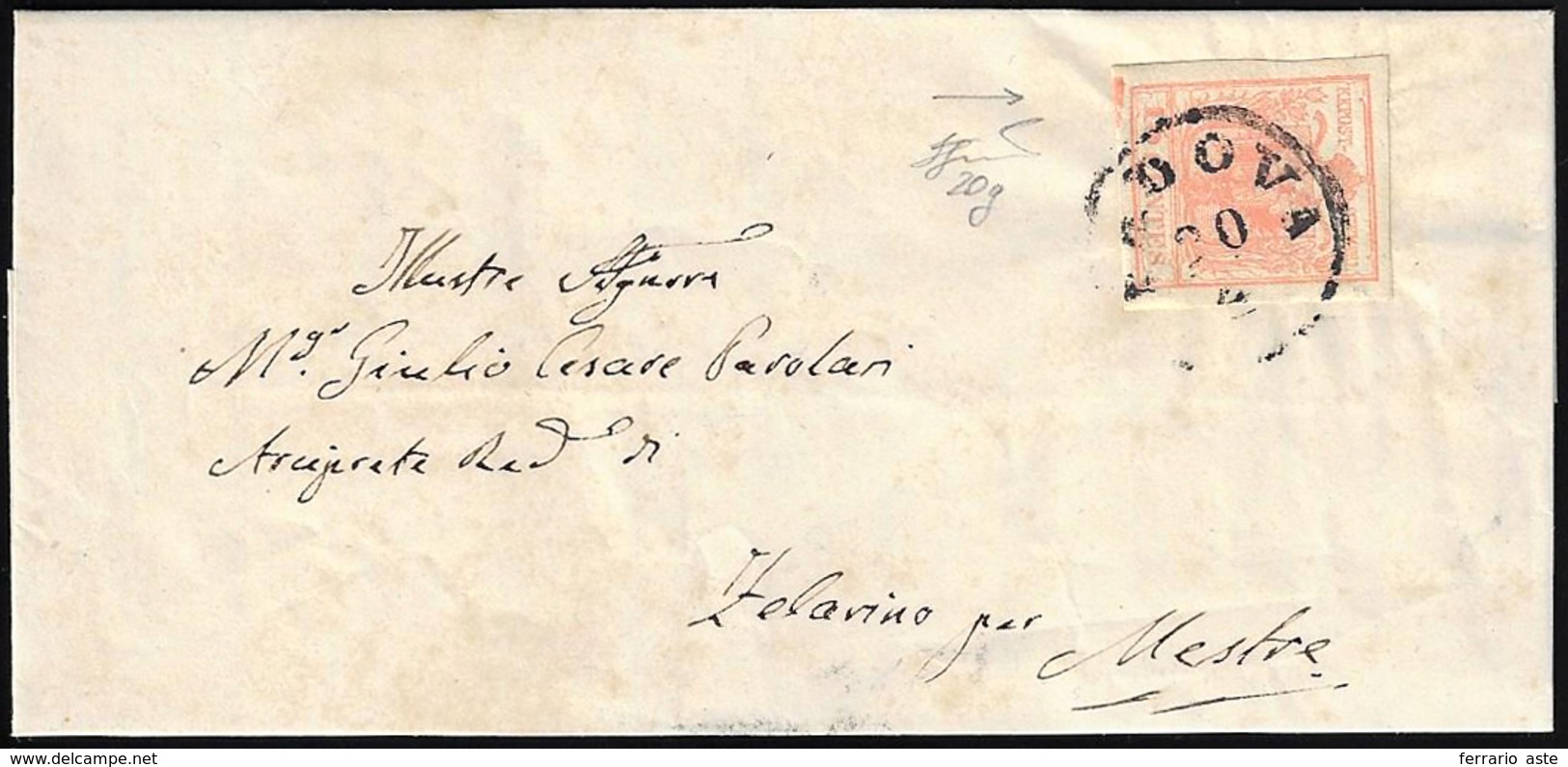 1857 - 15 Cent. Rosa Salmone, Carta A Macchina, Spazio Tipografico In Basso (20g), Perfetto, Su Lett... - Lombardo-Venetien