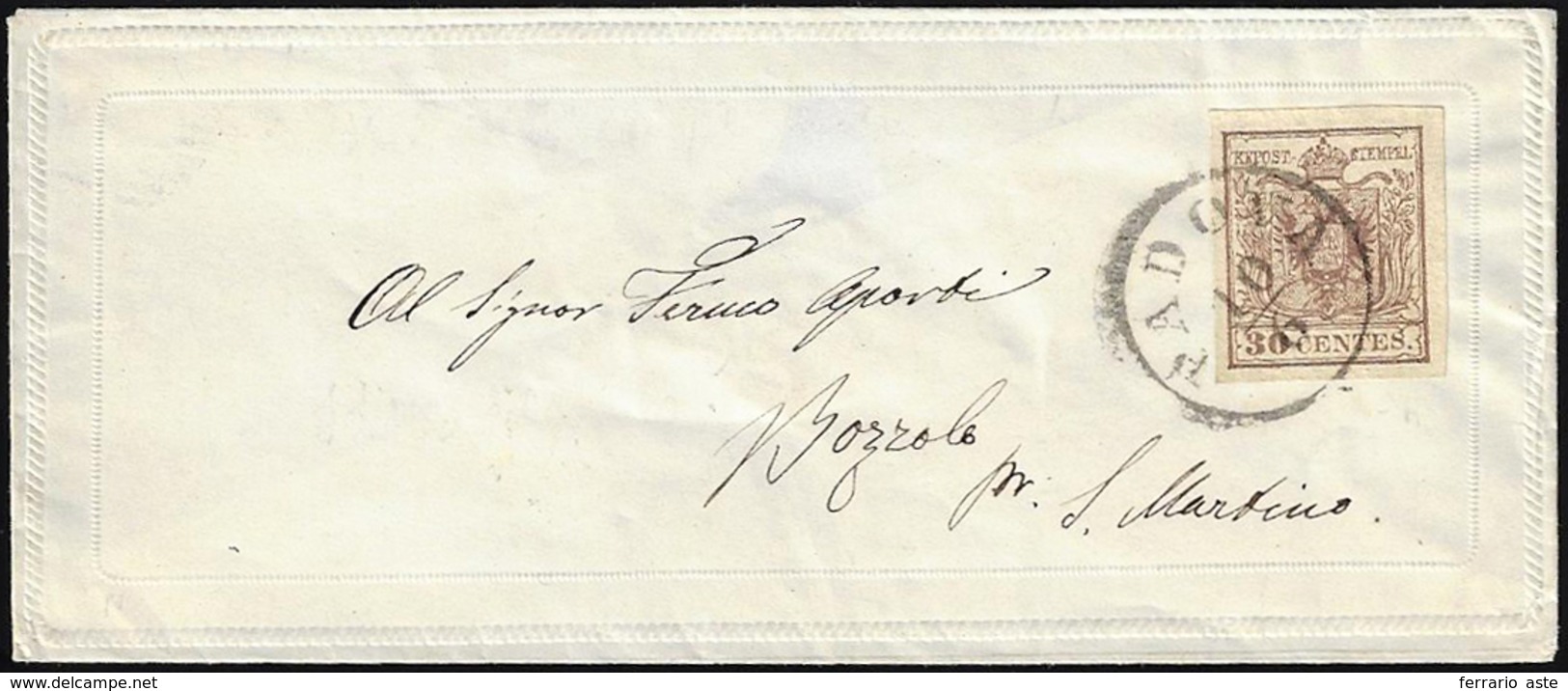 1855 - 30 Cent. Bruno, Carta A Macchina (21), Perfetto, Su Busta "Valentina" Decorata A Secco Da Pad... - Lombardo-Venetien