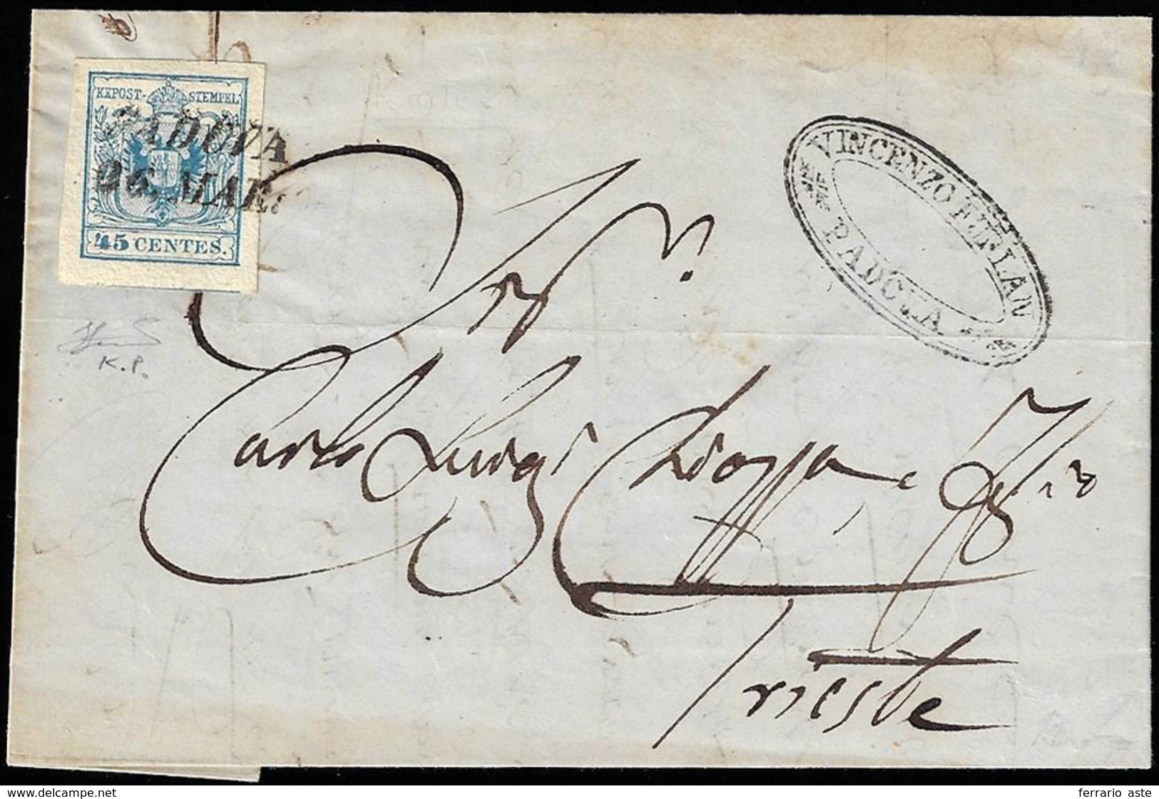 1856 - 45 Cent. Azzurro, III Tipo, Carta Molto Spessa A Mano (22), Perfetto, Su Lettera Da Padova 26... - Lombardy-Venetia