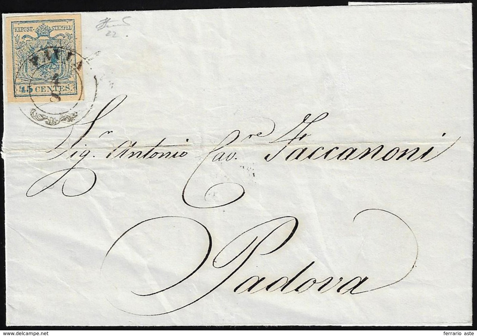 1857 - 45 Cent. Azzurro, III Tipo, Carta A Macchina Color Crema (22), Perfetto, Su Sovracoperta Di L... - Lombardy-Venetia