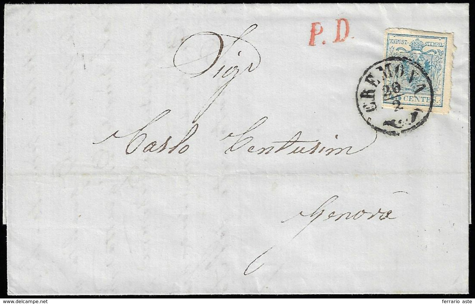 1858 - 45 Cent. Azzurro, III Tipo, Carta A Macchina (22), Perfetto, Su Sovracoperta Di Lettera Da Cr... - Lombardo-Venetien