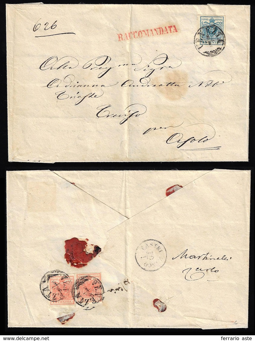 1858 - 45 Cent. Azzurro Oltremare, E, Al Verso, 15 Cent. Rosso Vermiglio, Coppia, Tutti Carta A Macc... - Lombardo-Venetien