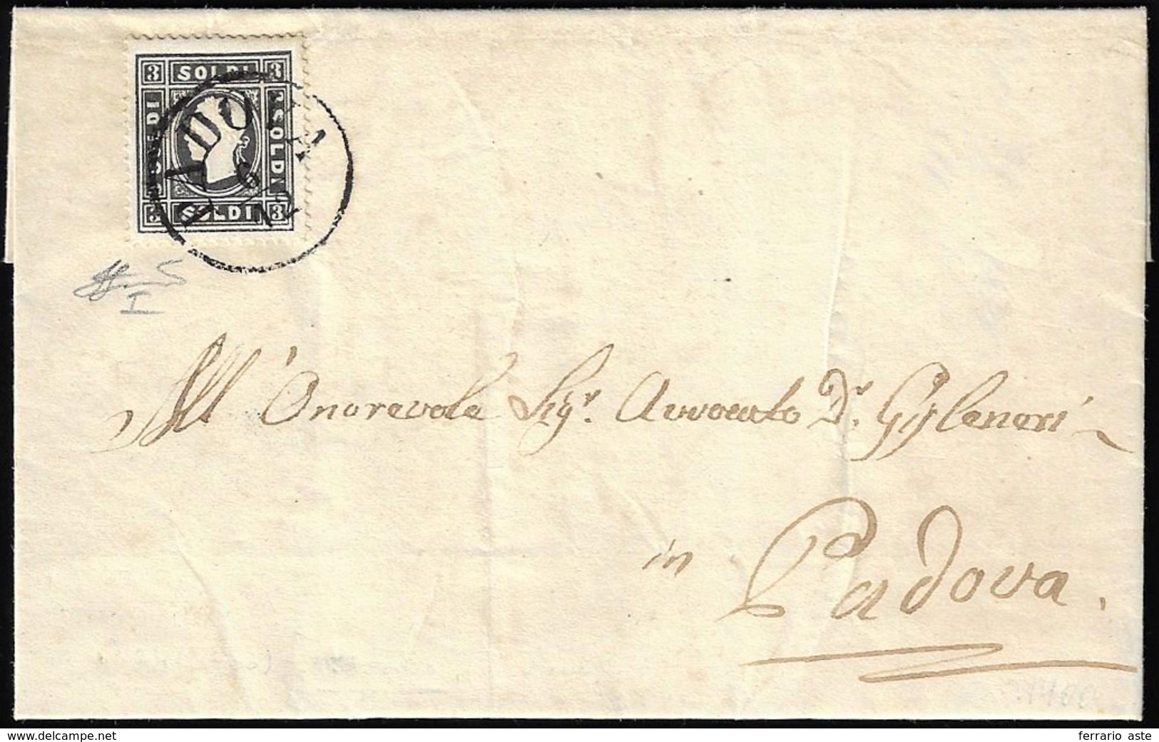 1858 - 3 Soldi Nero, I Tipo (24), Perfetto, Isolato Su Lettera Da Padova 6/12/1858 Per Città. Bella.... - Lombardy-Venetia