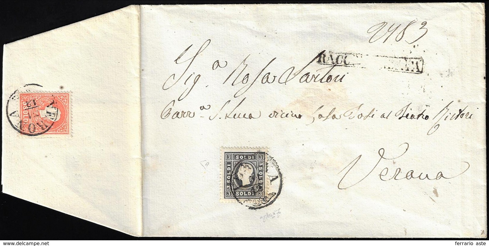 1858 - 3 Soldi Nero, I Tipo, E, Al Verso, 5 Soldi Rosso, II Tipo (24,30), Perfetti, Su Sovracoperta ... - Lombardo-Venetien