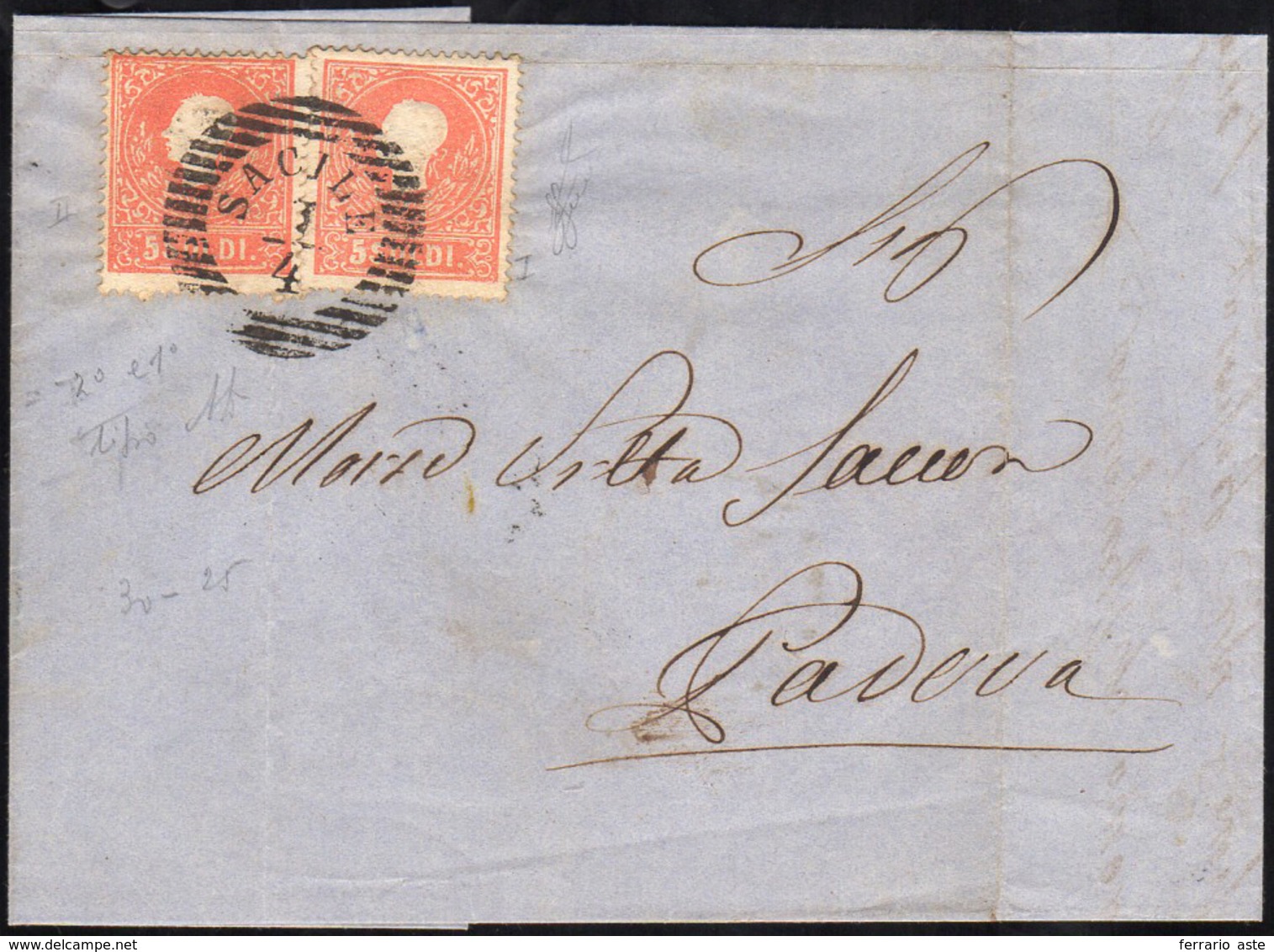 1859 - 5 Soldi Rosso, I Tipo, Perfetto E 5 Soldi, II Tipo, Lieve Piega, (25+39) Su Lettera Da Sacile... - Lombardo-Venetien