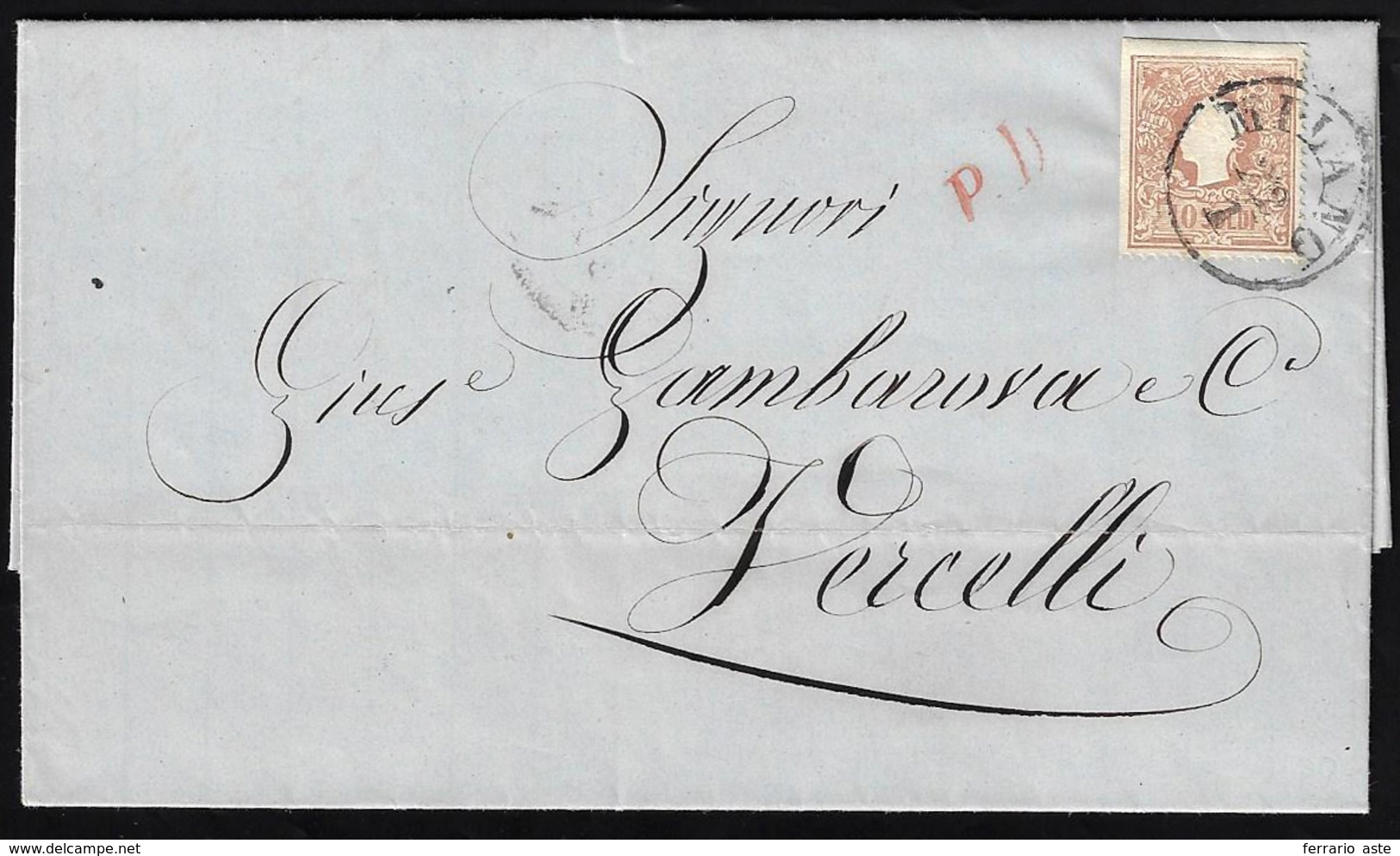 1859 - 10 Soldi Bruno, I Tipo (26), Separato Con Le Forbici Su Due Lati, Su Lettera Da Milano 22/1/1... - Lombardy-Venetia
