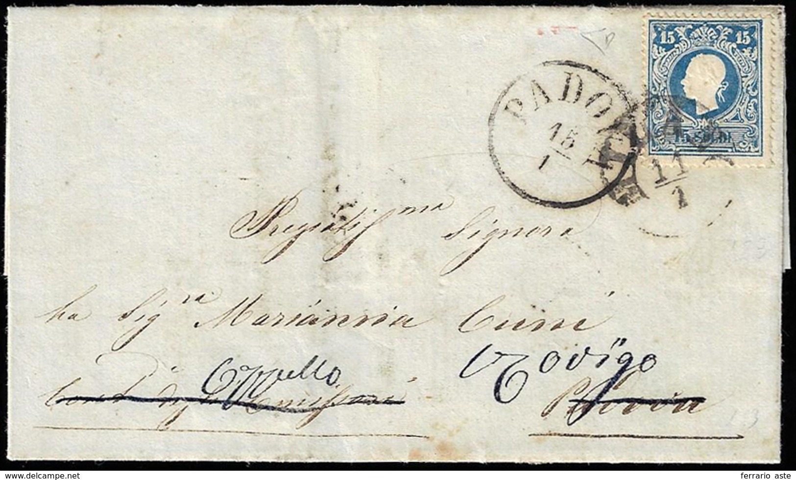1859 - 15 Soldi Azzurro, I Tipo (27), Perfetto Su Lettera Da Milano 11/1/1859 A Padova, Rispedita A ... - Lombardy-Venetia