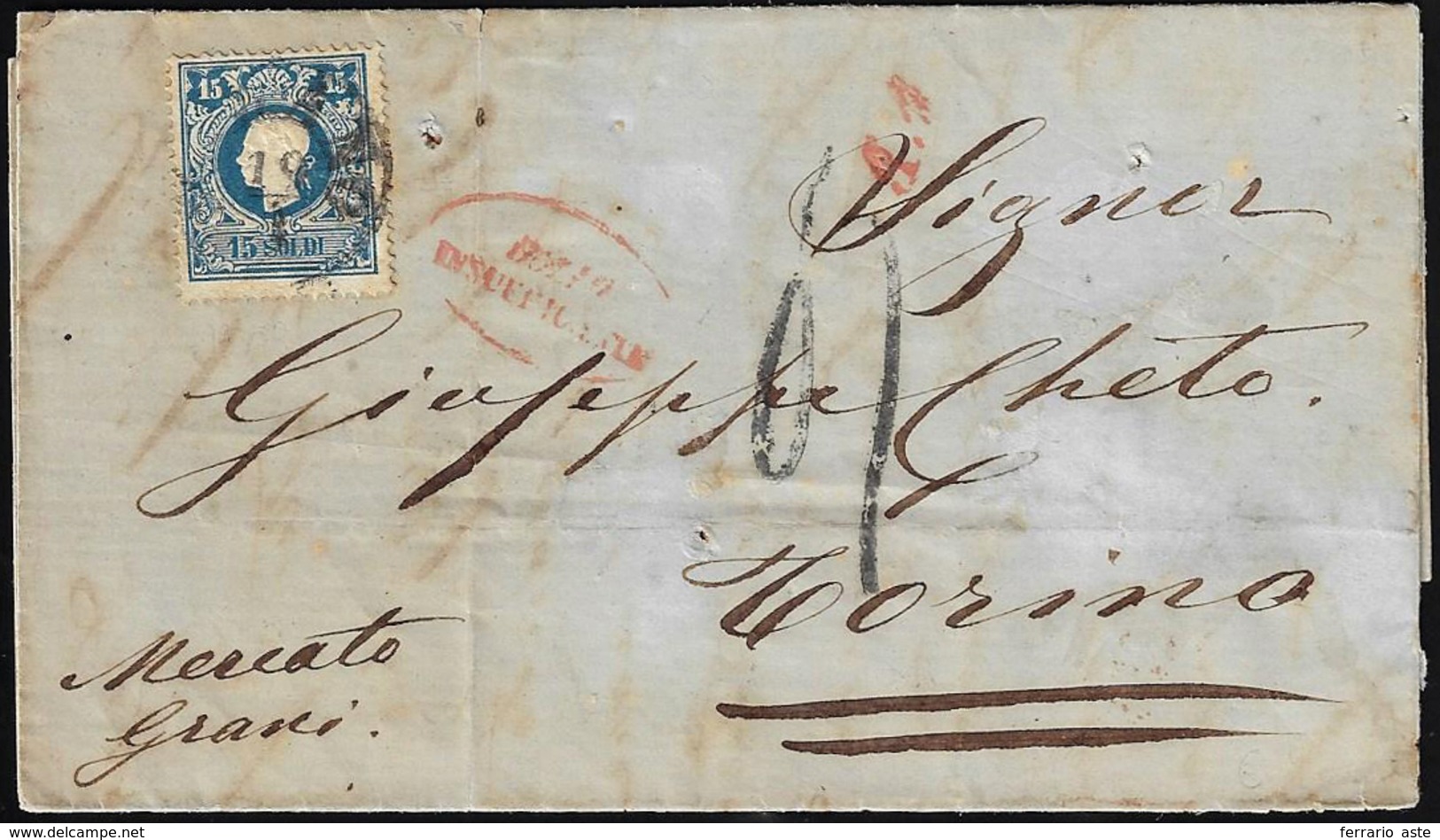 1859 - 15 Soldi Azzurro, I Tipo (27), Perfetto, Su Lettera Da Milano 19/1/1859 A Torino, Affrancata ... - Lombardo-Venetien