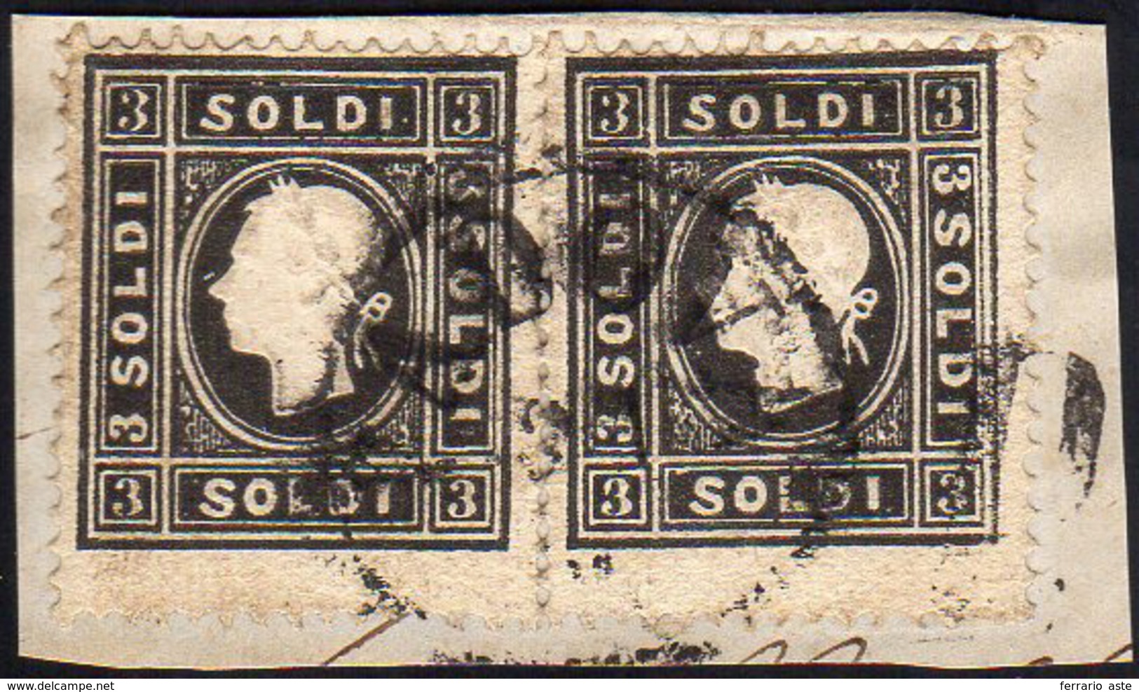 1859 - 3 Soldi Nero, II Tipo (29), Due Esemplari, Perfetti, Usati Su Piccolo Frammento A Padova. Fer... - Lombardy-Venetia