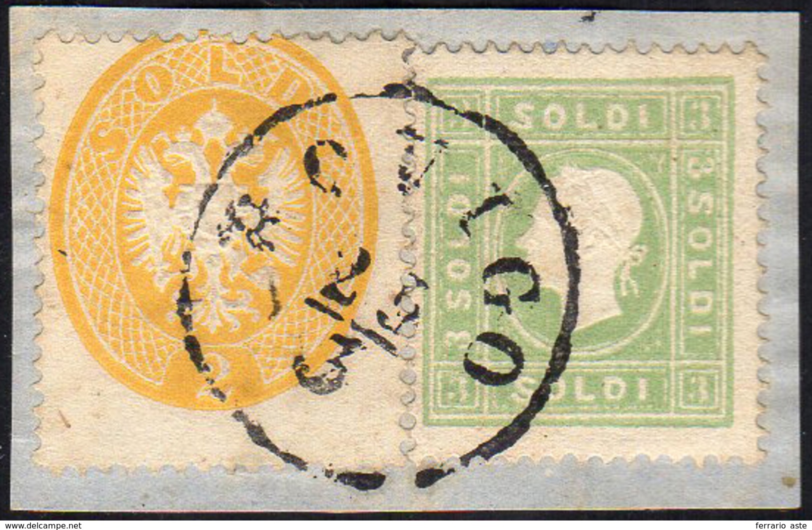 1863 - 2 Soldi Giallo, Dent. 14, 3 Soldi Verde Giallo (36,35), Perfetti, Usati Su Piccolo Frammento ... - Lombardy-Venetia