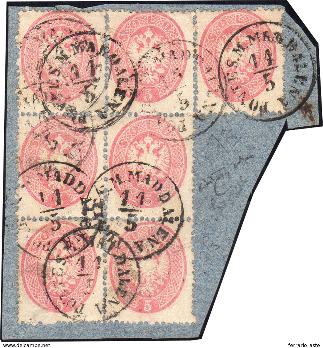 1863 - 5 Soldi Rosa, Dent. 14 (38), Blocco Di Sei E Singolo, Perfetti, Usati Su Frammento A Ponte S.... - Lombardo-Venetien