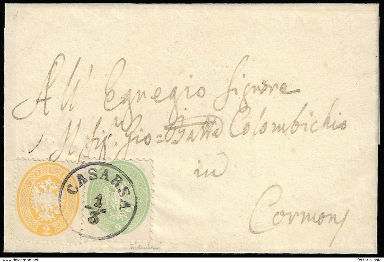 1864 - 2 Soldi Giallo, Dent. 14, 3 Soldi Verde, Dent. 9 1/2 (36,42), Perfetti, Su Sovracoperta Di Le... - Lombardy-Venetia