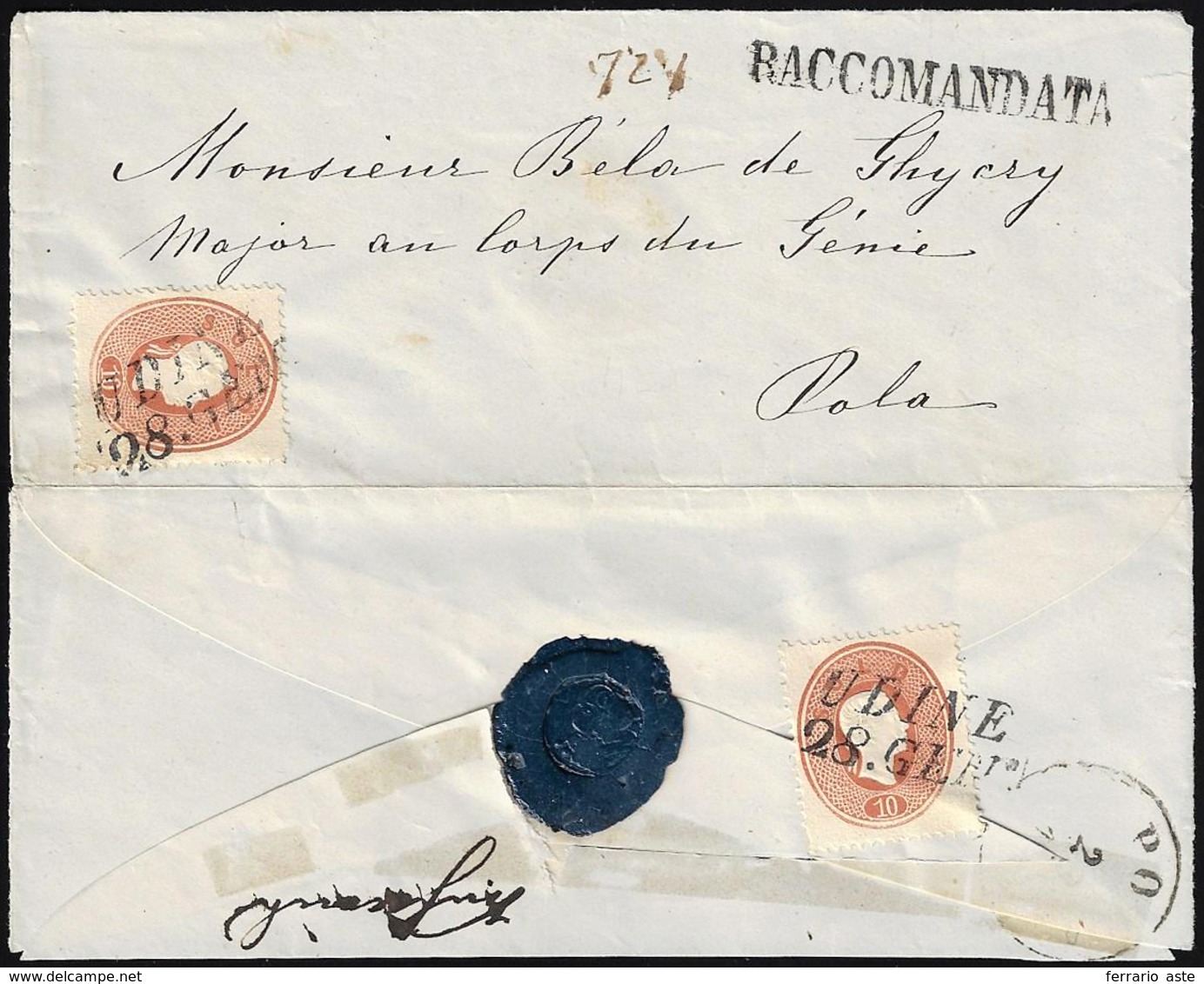 1863 - 10 Soldi Bruno, Dent. 14 (39), Due Esemplari, Uno Al Verso, Perfetti, Su Busta Raccomandata D... - Lombardy-Venetia