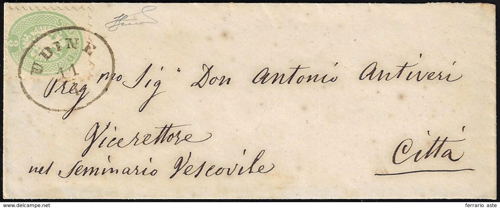 1864 - 3 Soldi Verde, Dent. 9 1/2 (42), Perfetto, Isolato Su Busta Da Udine 11/1 Per Città. Ferrario... - Lombardy-Venetia