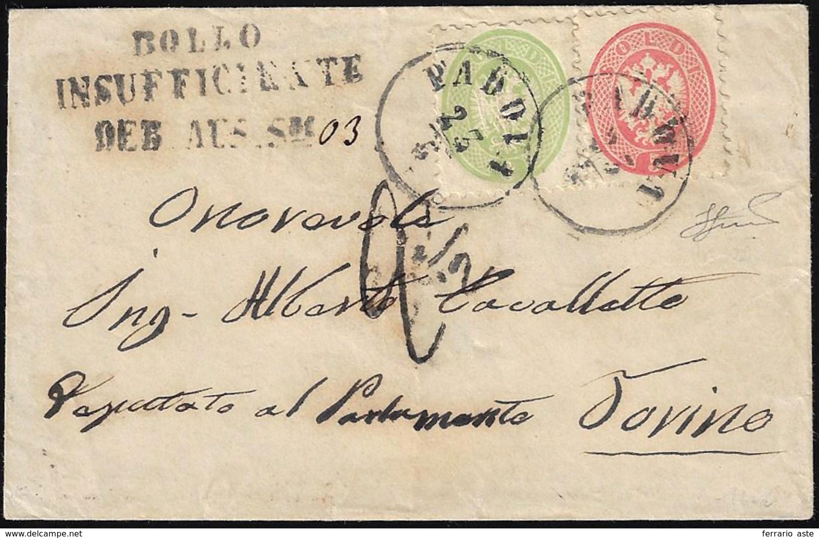 1865 - 3 Soldi Verde, 5 Soldi Rosa, Entrambi Dent. 9 1/2 (42,43), Perfetti, Su Busta Da Padova 23/5/... - Lombardy-Venetia