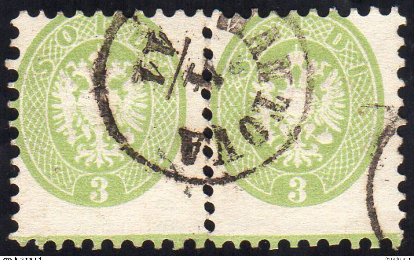 1864 - 3 Soldi Verde, Dent. 9 1/2, Riga Di Colore In Basso (42d), Due Esemplari, Ricongiunti Con Lin... - Lombardo-Venetien