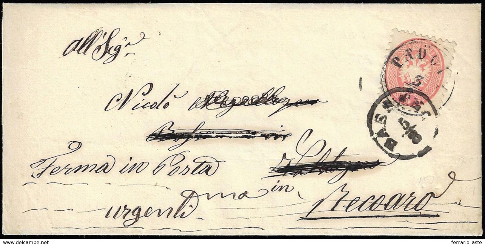 1864 - 5 Soldi Rosa, Dent. 9 1/2 (43), Perfetto, Su Sovracoperta Di Lettera Da Padova 3/8 A Bassano,... - Lombardo-Venetien