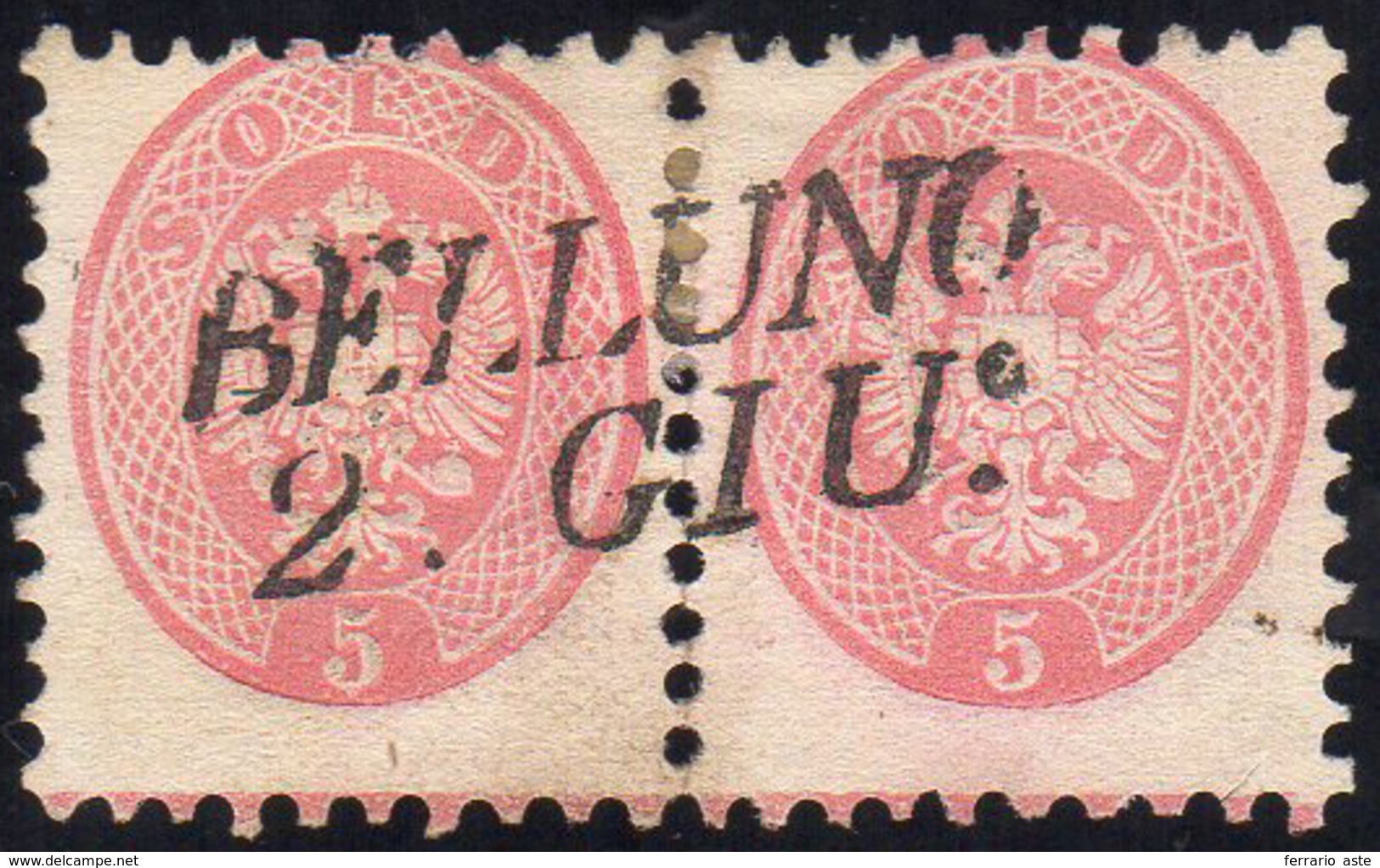 1864 - 5 Soldi Rosa, Dent. 9 1/2, Riga Di Colore In Basso (43e), Coppia, Perfetta, Usata A Belluno 2... - Lombardo-Venetien