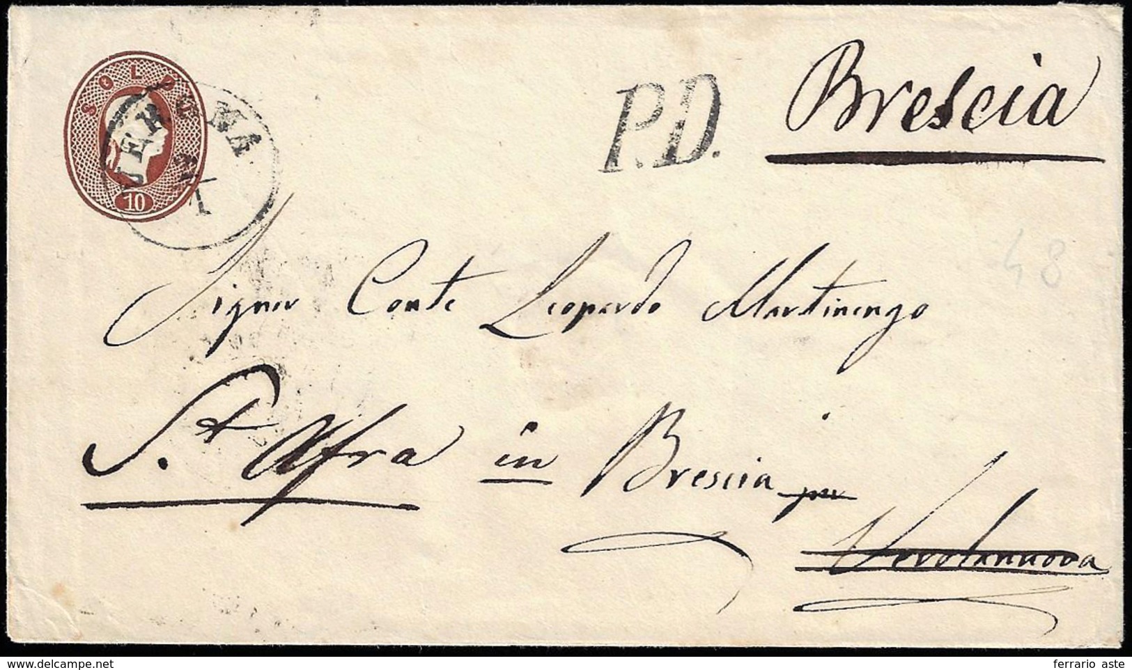 1861 - 10 Soldi Bruno Rosso, Busta Postale, II Tipo (11), Perfetta, Da Verona 2/1 A Verolanuova, Ris... - Lombardy-Venetia