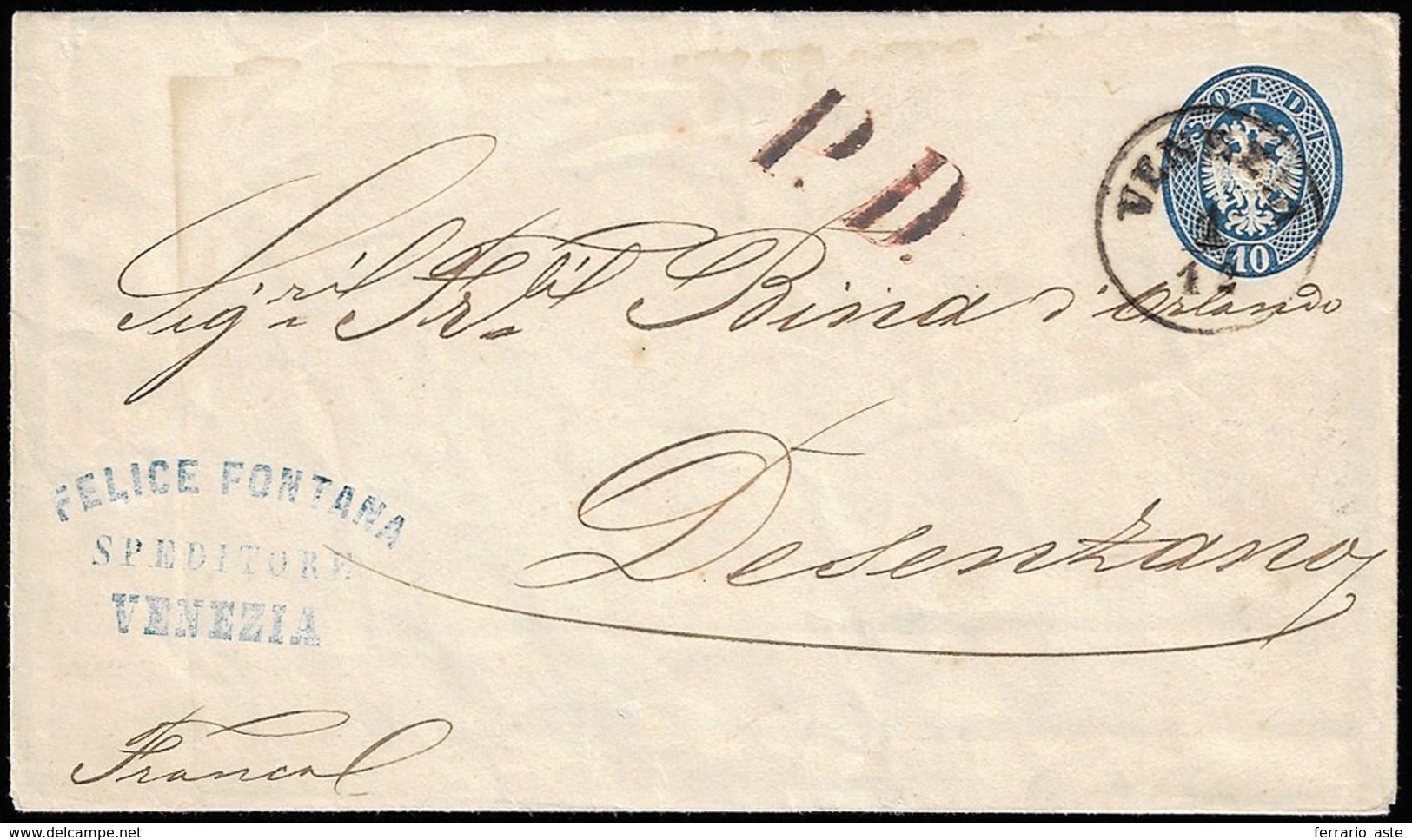 1863 - 10 Soldi Azzurro, Busta Postale (19), Da Venezia A Desenzano.... - Lombardo-Venetien