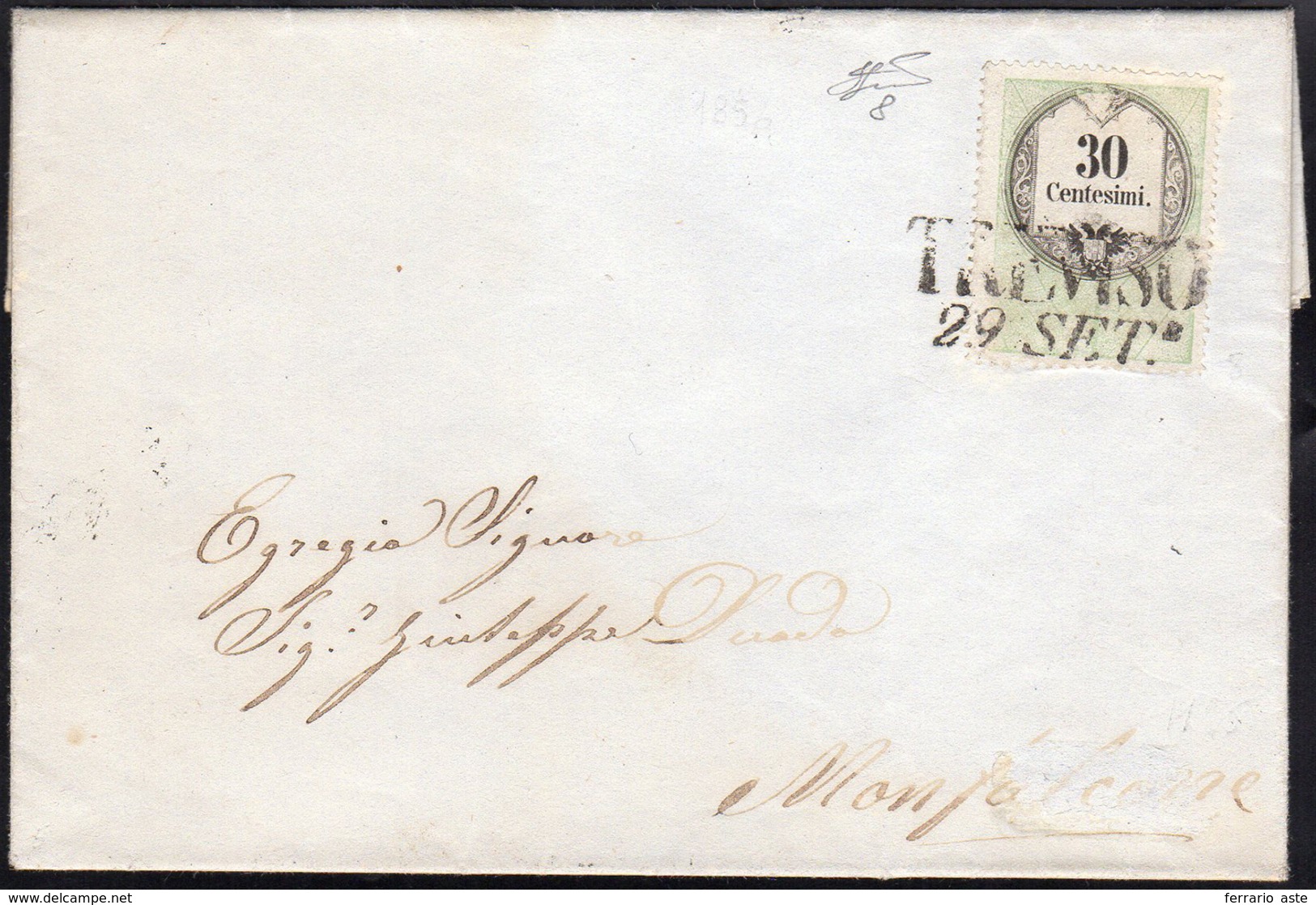 1856 - 30 Cent. Marca Da Bollo Calcografica (8), Perfetta, Su Lettera Da Treviso 29/9/1856 (SD, Punt... - Lombardo-Venetien