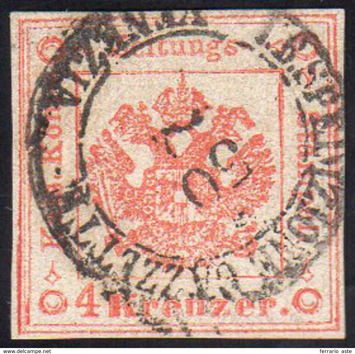 1858 - 4 Kr. Rosso Smorto (4), Perfetto, Usato A Venezia. Raro! A.Diena, G.Oliva, Cert. Ferrario.... - Lombardo-Venetien