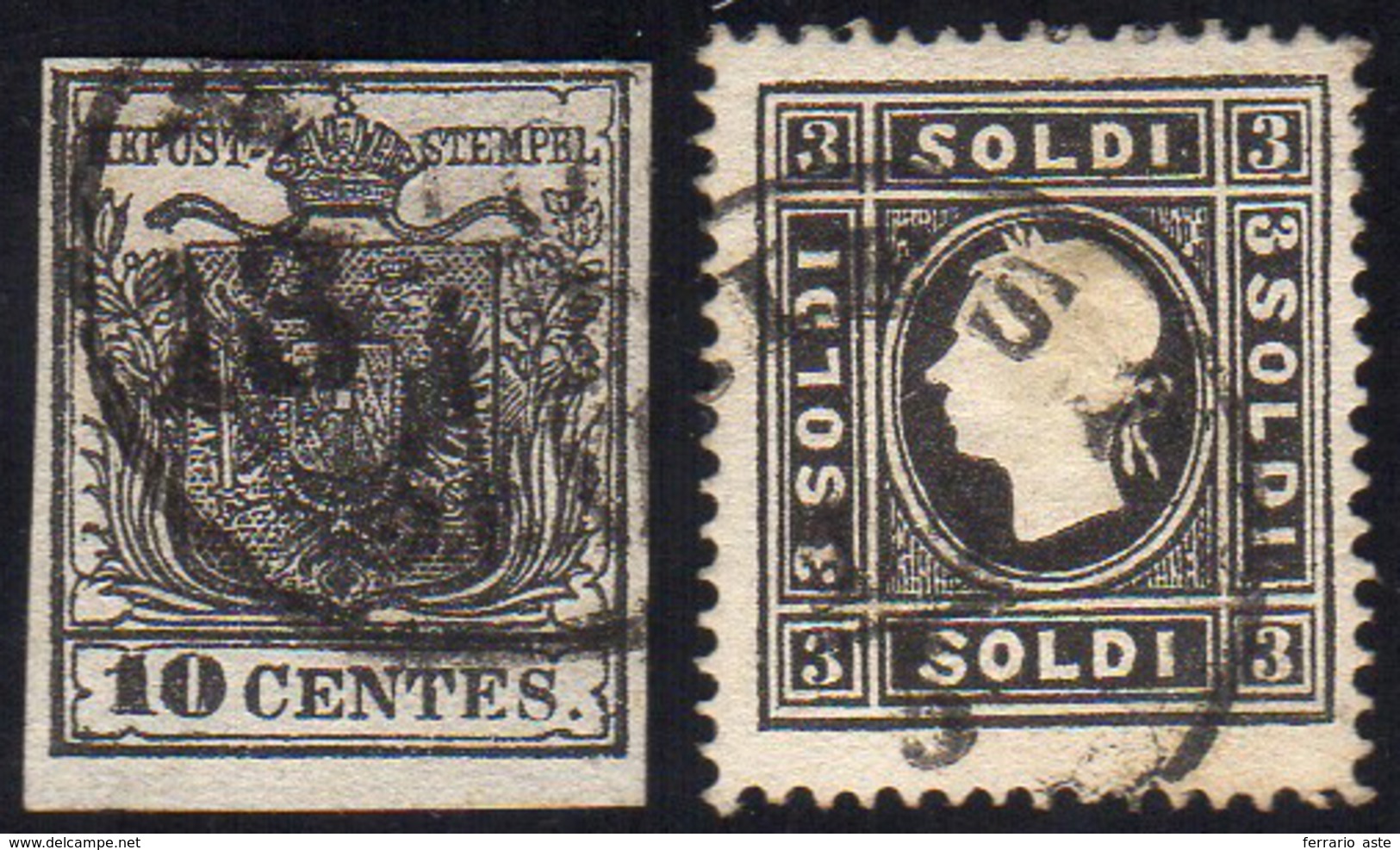 1850/59 - 10 Cent. Nero, Carta A Mano, 3 Soldi Nero, II Tipo (2,29), Perfetti, Entrambi Usati In Aus... - Lombardo-Venetien