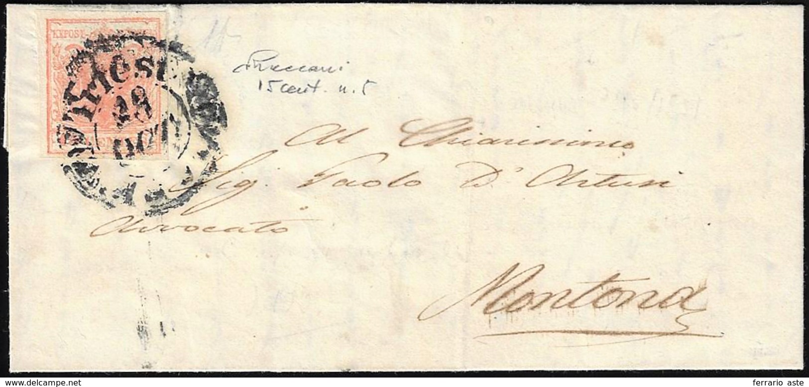 1851 - 15 Cent. Rosa, II Tipo, Carta A Mano (5), Perfetto, Su Lettera Da Trieste 28/10/1851 A Monton... - Lombardo-Venetien