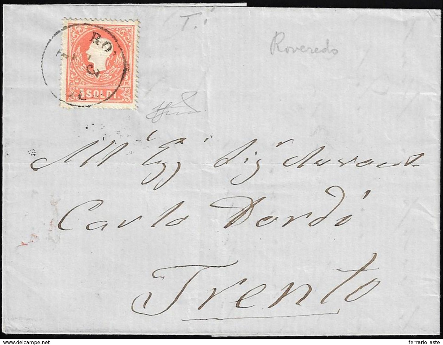 1859 - 5 Soldi Rosso, I Tipo (25), Perfetto, Su Lettera Da Roveredo 3/1/1859 A Trento. Non Comune Us... - Lombardo-Venetien