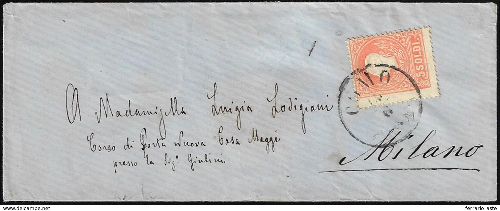 1859 - 5 Soldi Rosso, II Tipo (30), Perfetto, Usato Su Piccola Busta Da Como 14/06/1859 (Co II Tipo,... - Lombardo-Venetien