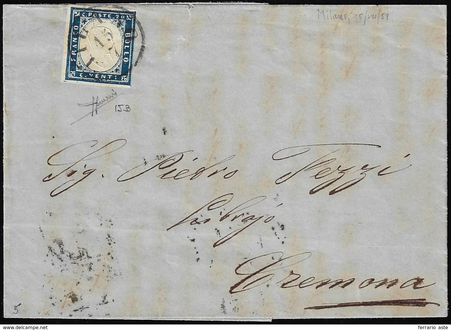 1859 - 20 Cent. Azzurro Scuro (Sardegna 15B), Perfetto, Su Lettera Da Milano 15/7/1859 A Cremona, Du... - Lombardy-Venetia