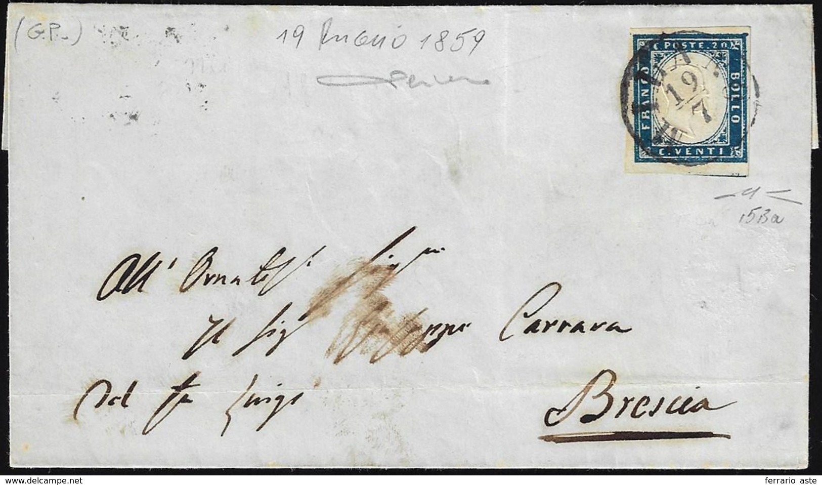 1859 - 20 Cent. Cobalto Oltremare (15Ba), Perfetto, Su Sovracoperta Di Lettera Da Milano 19/7/1859 A... - Lombardy-Venetia