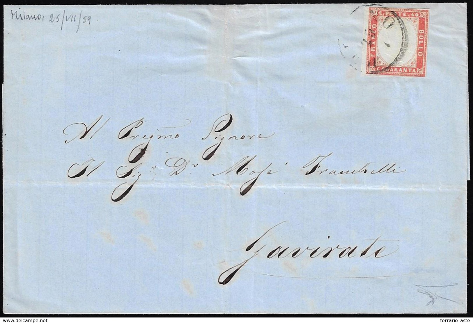 1859 - 40 Cent. Rosso Carminato (Sardegna 16Bb), Perfetto, Su Sovracoperta Di Lettera Da Milano 25/7... - Lombardije-Venetië