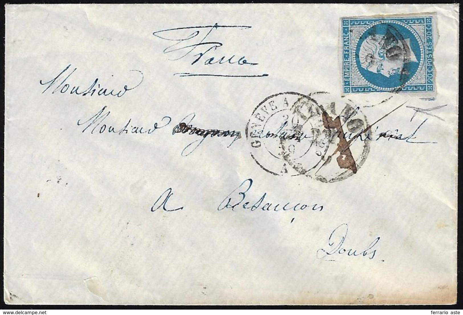 1859 - 20 Cent. Napoleone III (Francia 14), Separato A Mano, Su Busta Da Milano 29/9/1859 A Besancòn... - Lombardo-Venetien