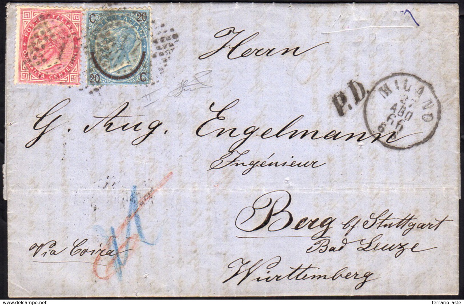 1866 - 40 Cent. De La Rue, Tiratura Di Torino, E 20 Cent. Su 15 Cent. Ferro Di Cavallo, III Tipo (T2... - Lombardy-Venetia